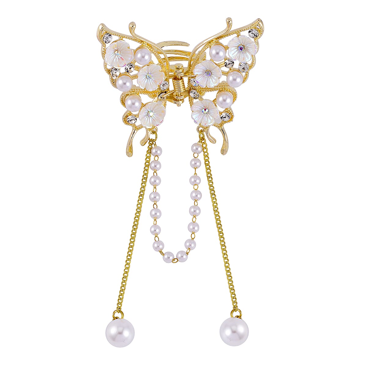 Simulated Pearl, Austrian Crystal, Resin Butterfly Hair Pin in Goldtone image number 0