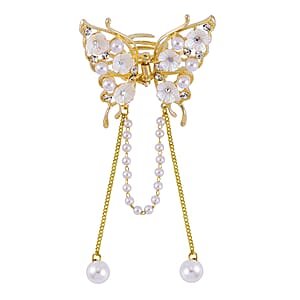 Simulated Pearl, Austrian Crystal, Resin Butterfly Hair Pin in Goldtone