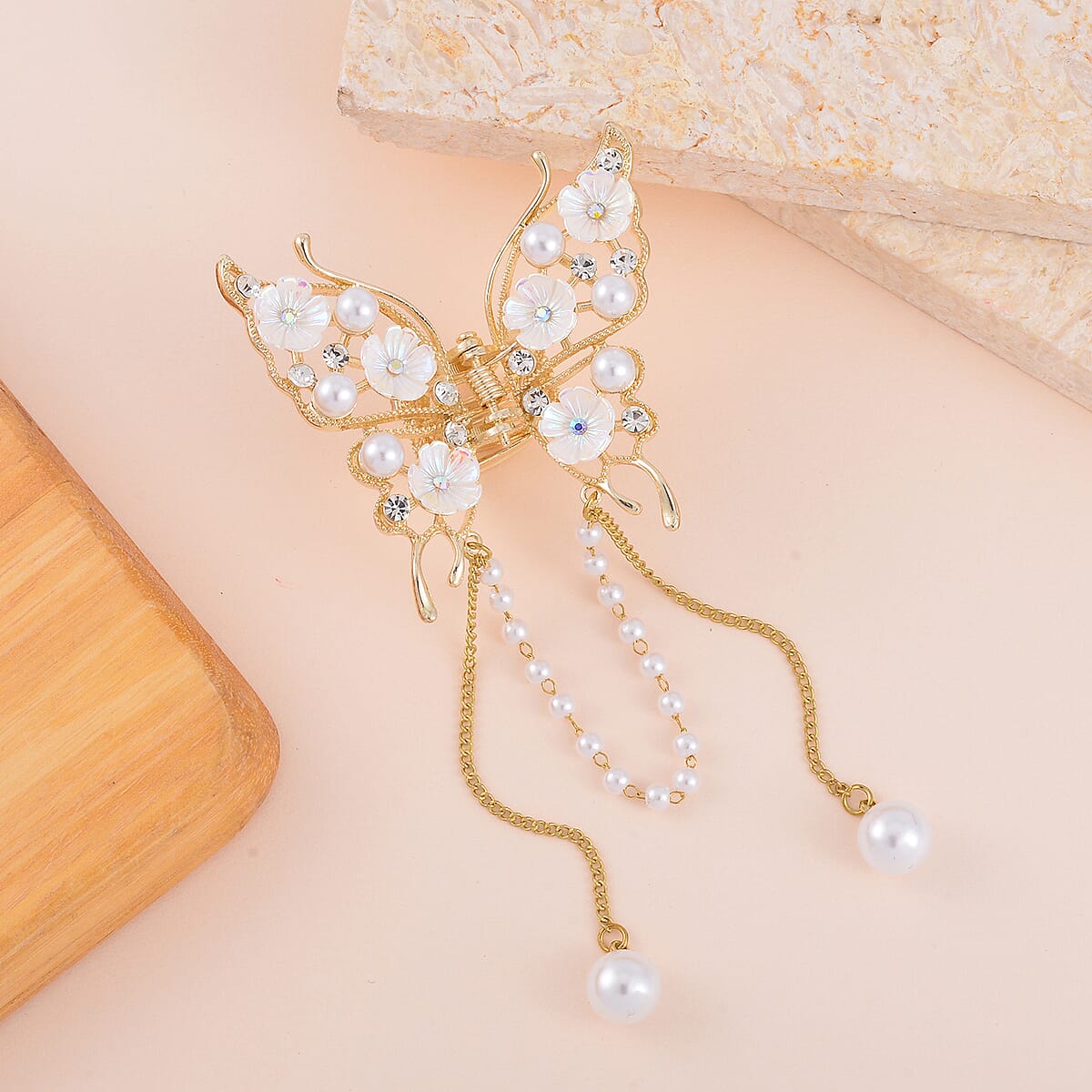 Simulated Pearl, Austrian Crystal, Resin Butterfly Hair Pin in Goldtone image number 1