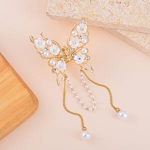 Simulated Pearl, Austrian Crystal, Resin Butterfly Hair Pin in Goldtone