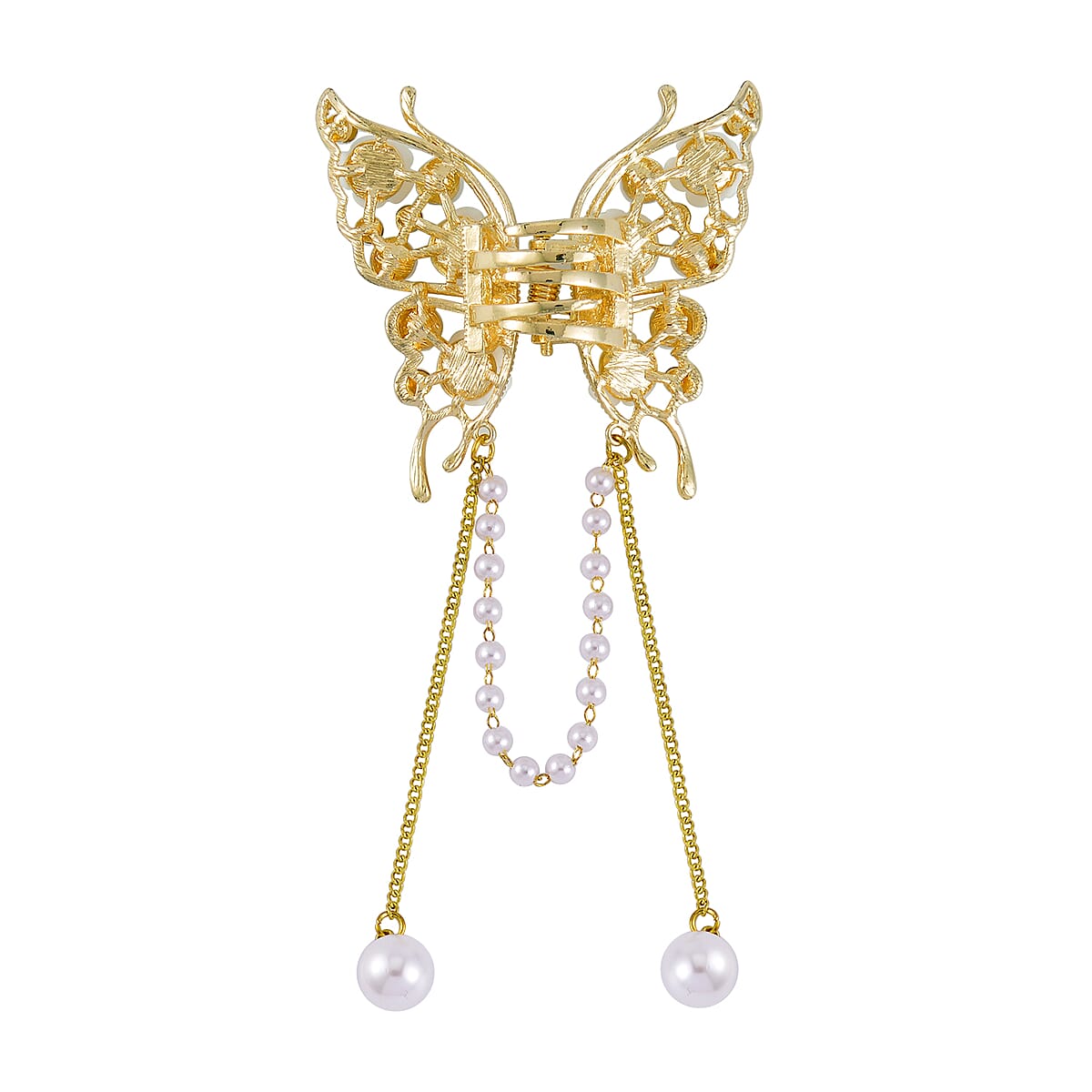 Simulated Pearl, Austrian Crystal, Resin Butterfly Hair Pin in Goldtone image number 2
