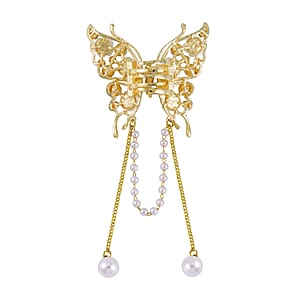 Simulated Pearl, Austrian Crystal, Resin Butterfly Hair Pin in Goldtone
