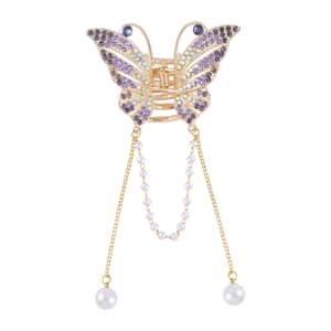 Simulated Pearl and Multi Color Austrian Crystal Butterfly Hair Pin in Goldtone