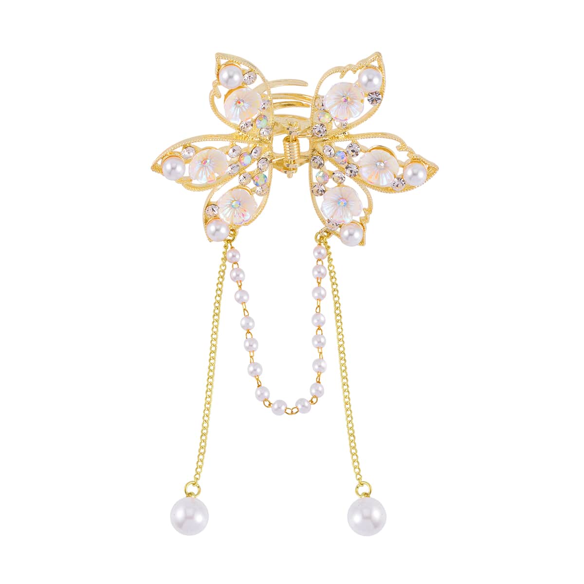 Simulated Pearl, Resin, Mystic and White Austrian Crystal Butterfly Hair Pin in Goldtone image number 0