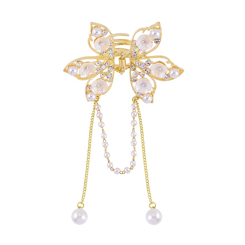 Simulated Pearl, Resin, Mystic and White Austrian Crystal Butterfly Hair Pin in Goldtone
