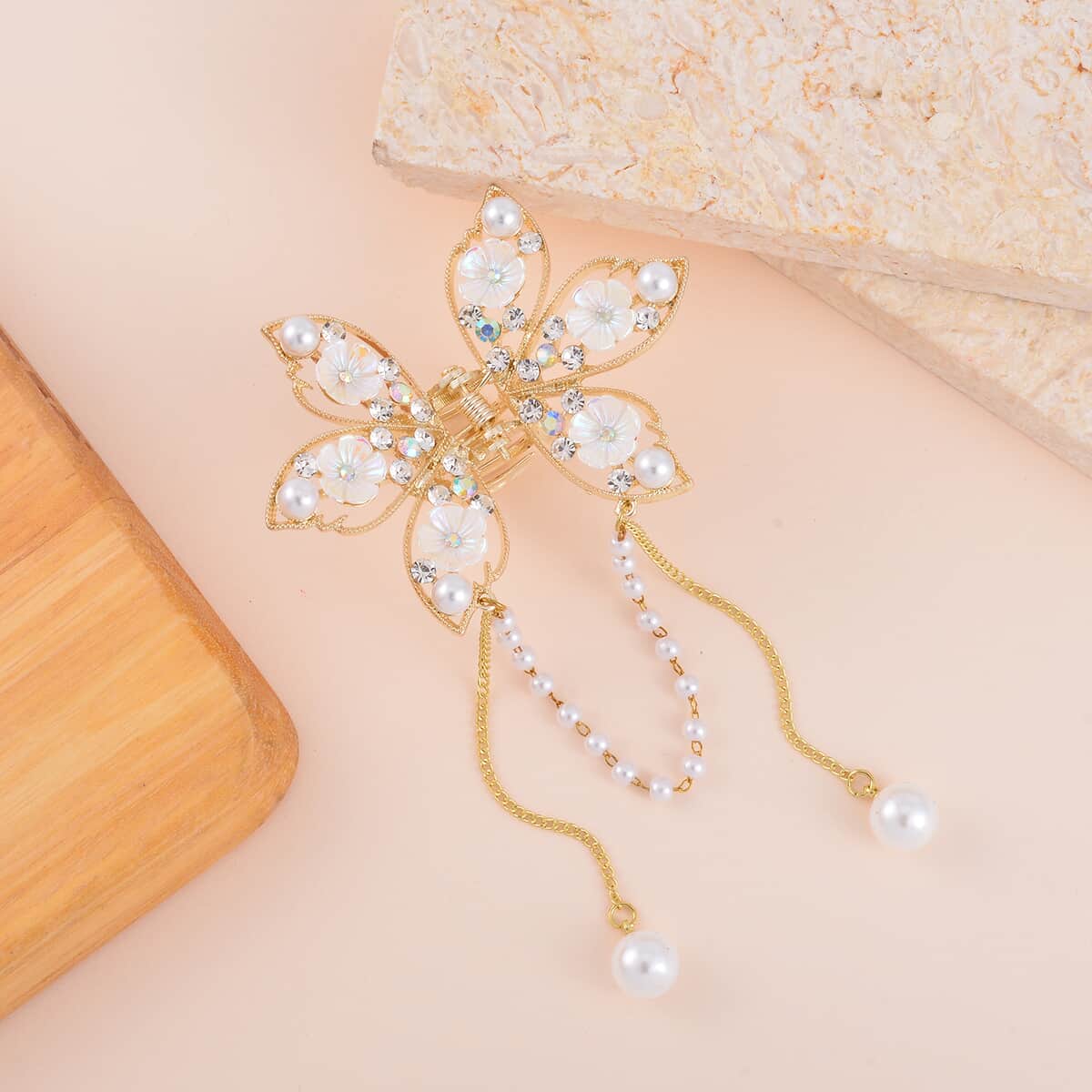 Simulated Pearl, Resin, Mystic and White Austrian Crystal Butterfly Hair Pin in Goldtone image number 1