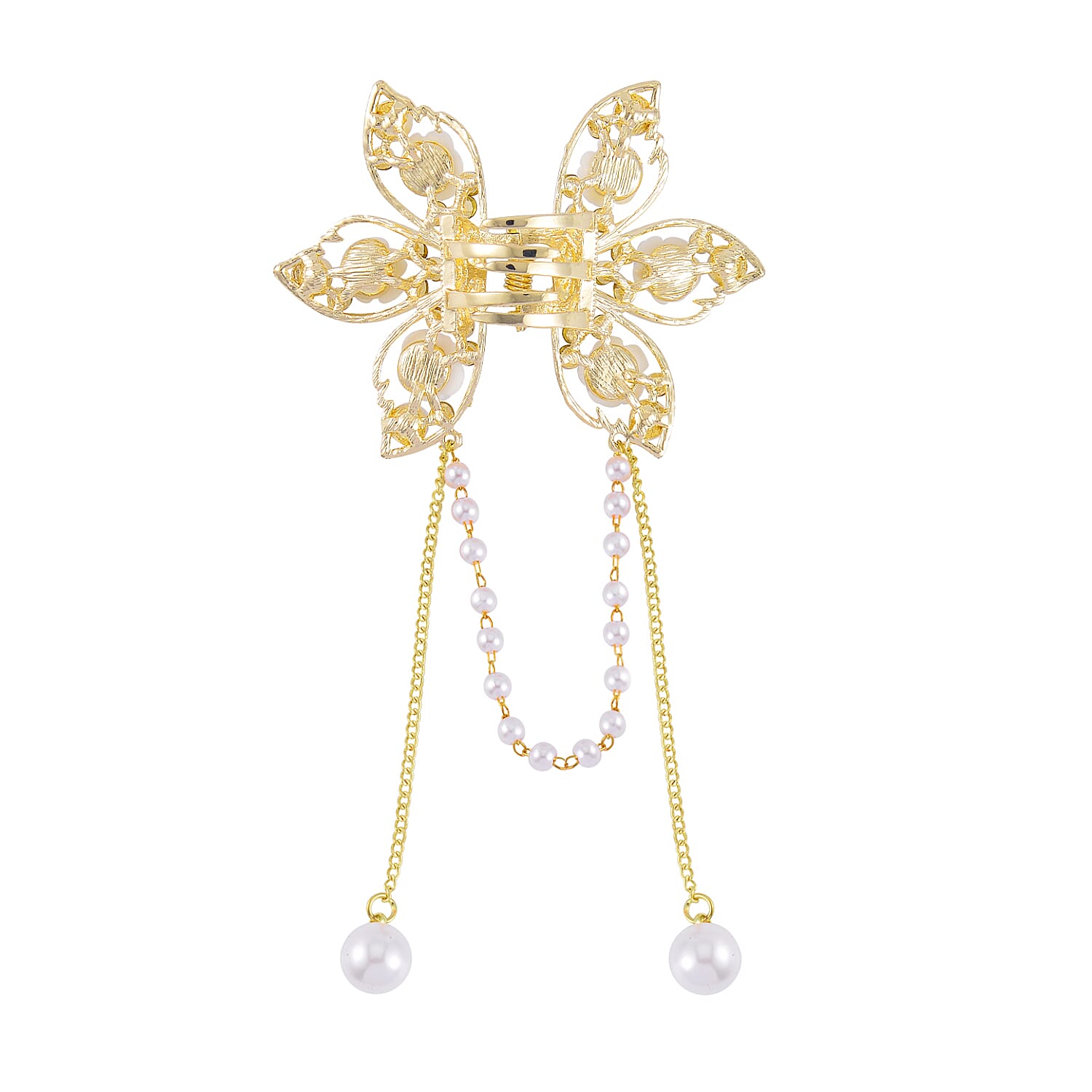 Simulated Pearl, Resin, Mystic and White Austrian Crystal Butterfly Hair Pin in Goldtone