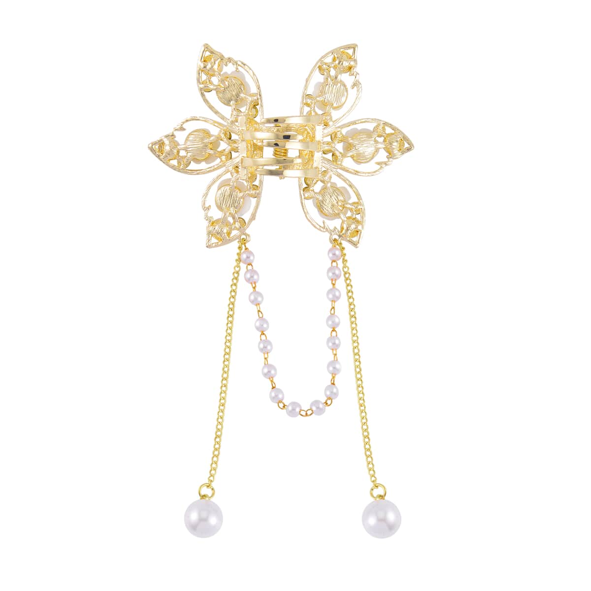 Simulated Pearl, Resin, Mystic and White Austrian Crystal Butterfly Hair Pin in Goldtone image number 2