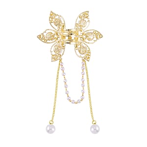 Simulated Pearl, Resin, Mystic and White Austrian Crystal Butterfly Hair Pin in Goldtone