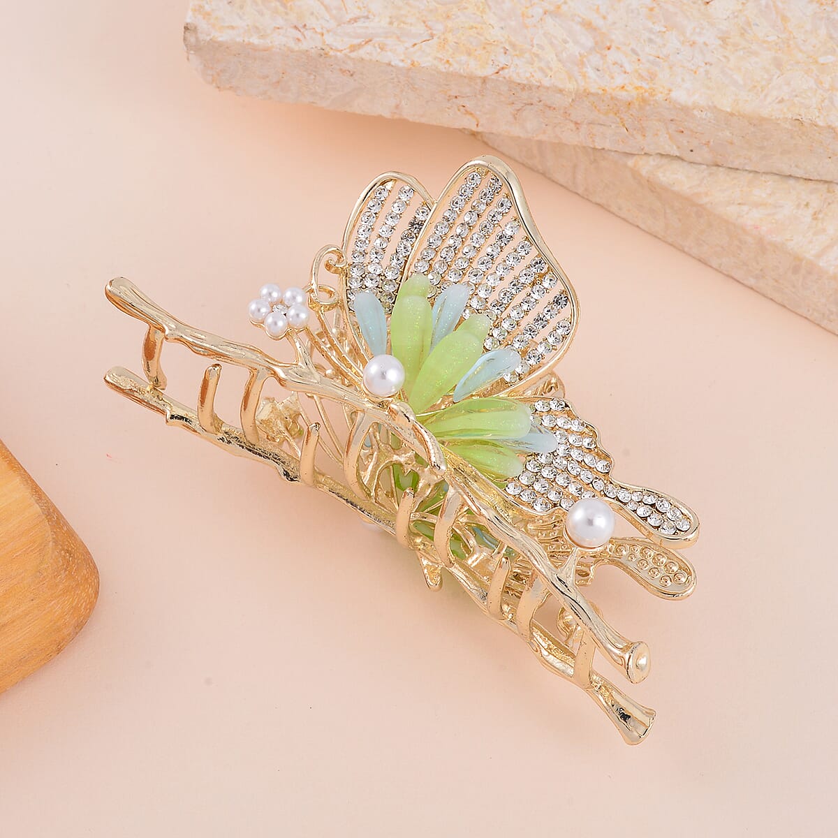 Simulated Pearl and Austrian Crystal, Resin Hair Pin in Goldtone image number 1