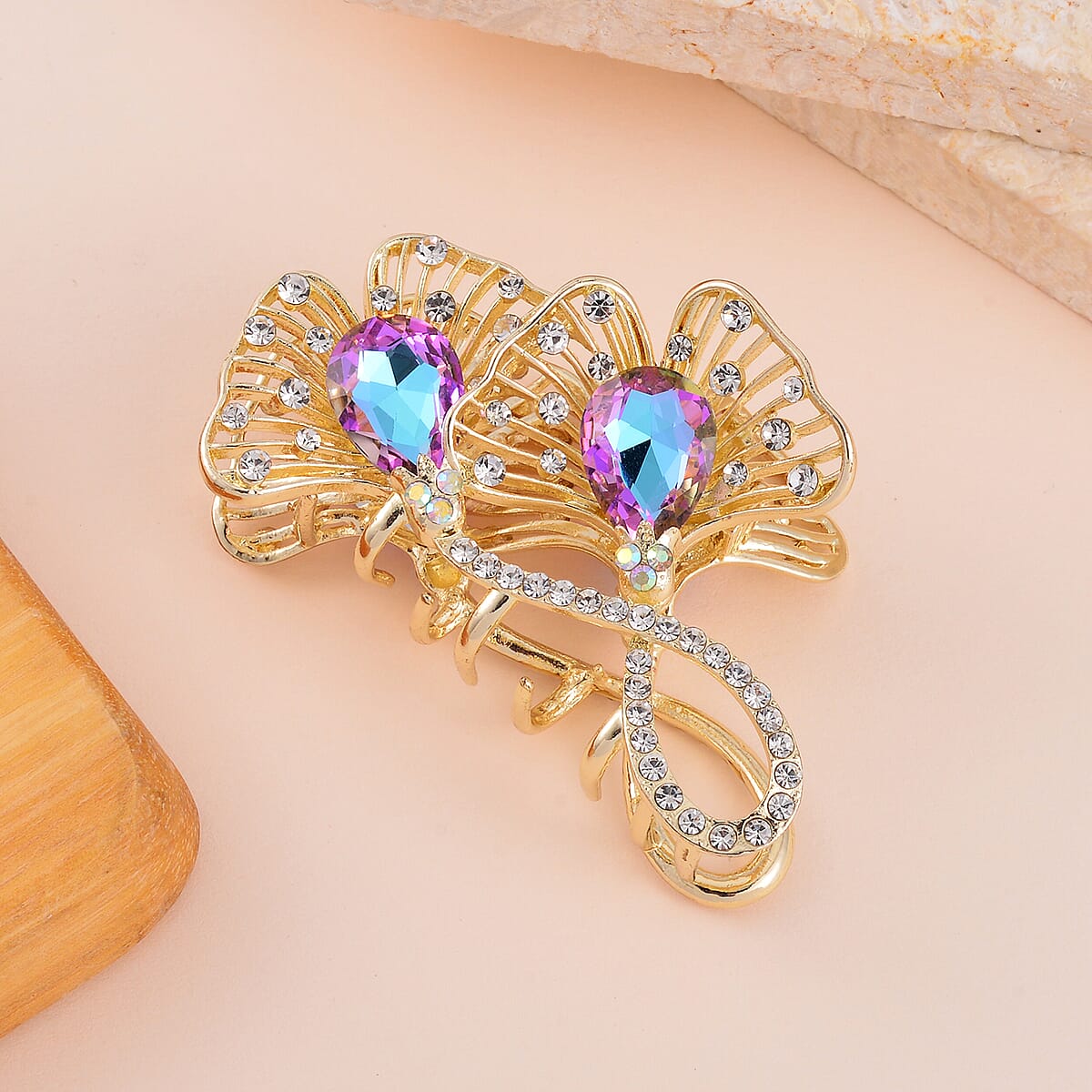Purple Magic Color Glass, Mystic and White Austrian Crystal Hair Pin in Goldtone image number 1