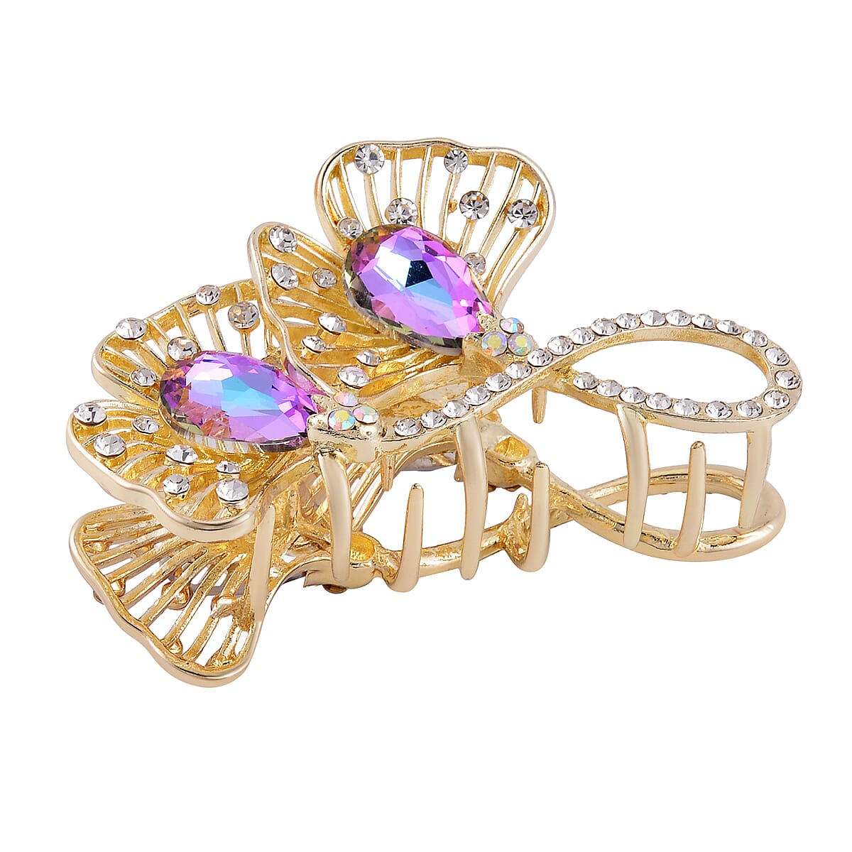 Purple Magic Color Glass, Mystic and White Austrian Crystal Hair Pin in Goldtone image number 2