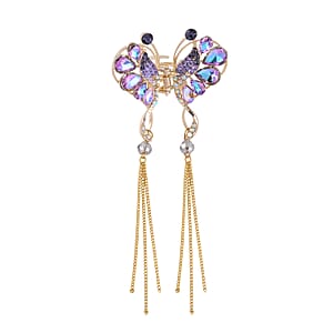 Multi Color Austrian Crystal, Purple Magic Color Glass, Simulated Grey Pearl Hair Pin in Goldtone