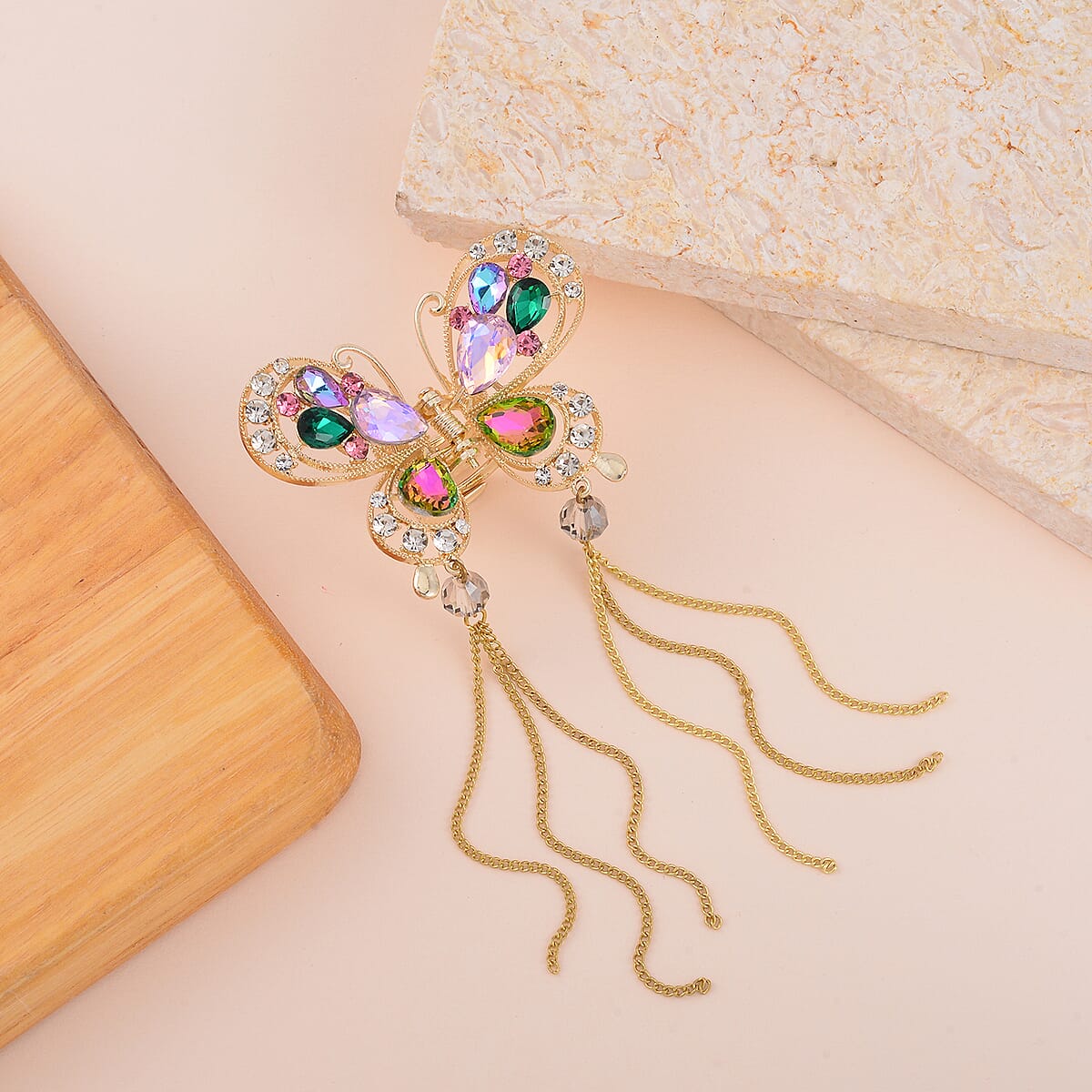 Multi Color Glass, White and Pink Austrian Crystal Hair Pin in Goldtone image number 1