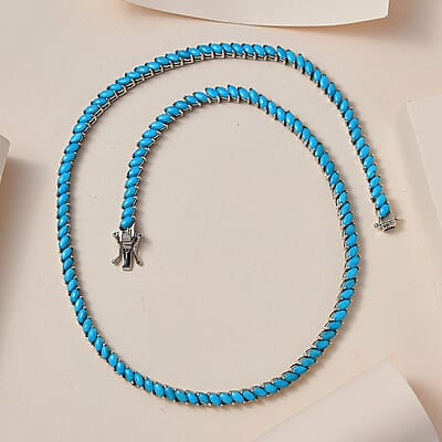 Premium Sleeping Beauty Turquoise Tennis Necklace 18 Inches in Platinum Over Sterling Silver 25.25 ctw