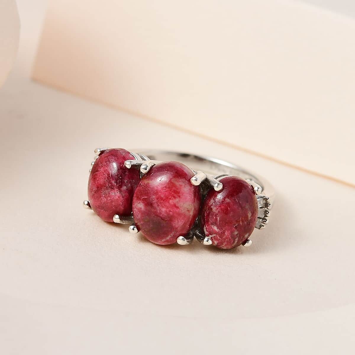 Norwegian Thulite and Diamond 3 Stone Ring in Platinum Over Sterling Silver (Size 10.0) 5.75 ctw image number 1
