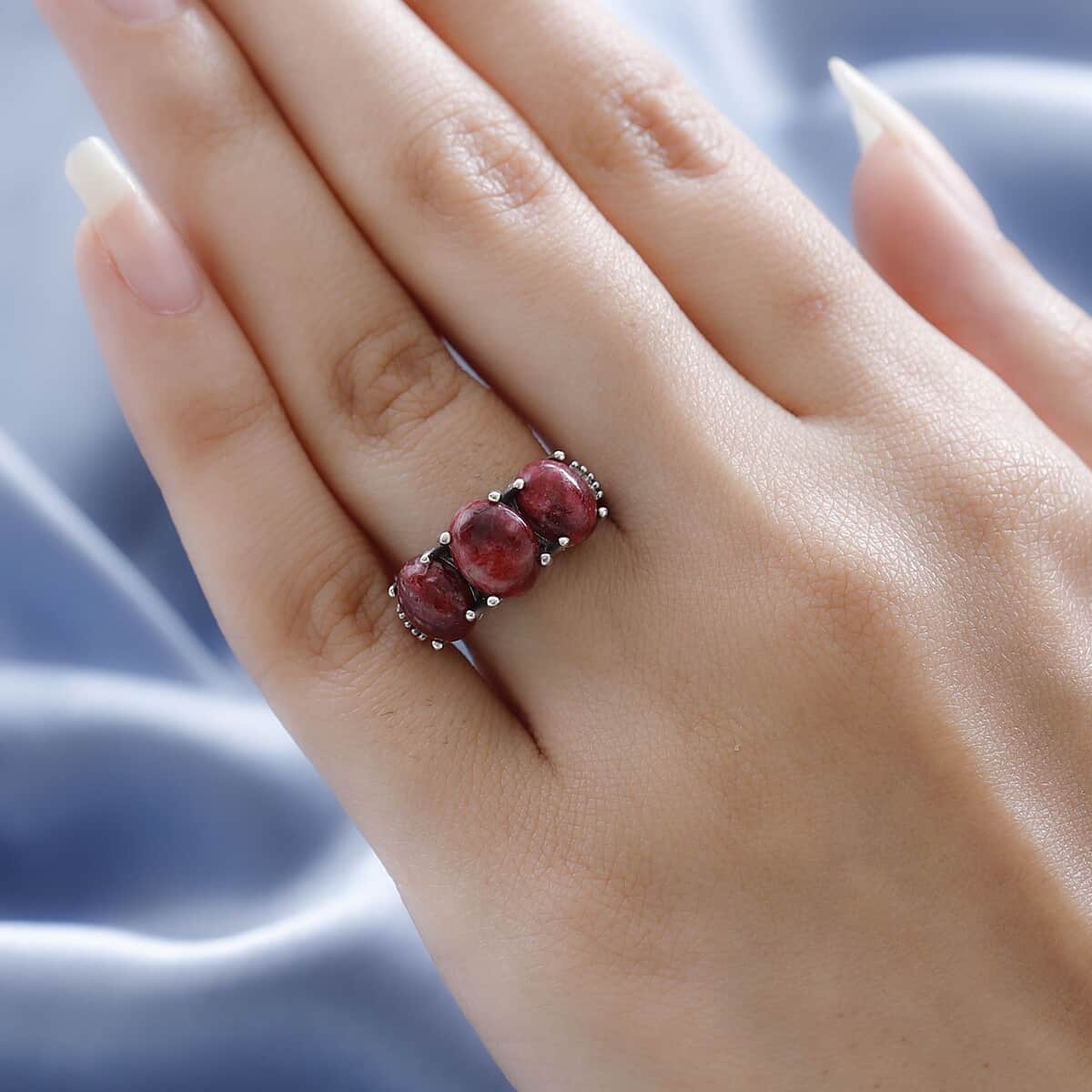 Norwegian Thulite and Diamond 3 Stone Ring in Platinum Over Sterling Silver (Size 10.0) 5.75 ctw image number 2