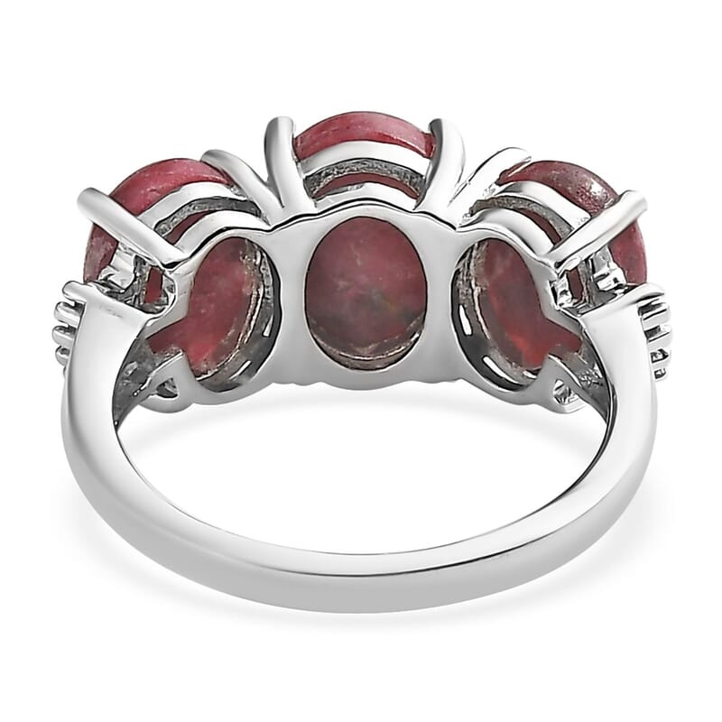 Norwegian Thulite and Diamond 3 Stone Ring in Platinum Over Sterling Silver (Size 10.0) 5.75 ctw