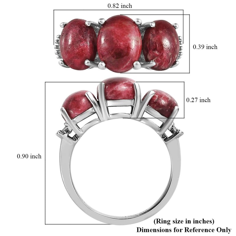 Norwegian Thulite and Diamond 3 Stone Ring in Platinum Over Sterling Silver (Size 10.0) 5.75 ctw