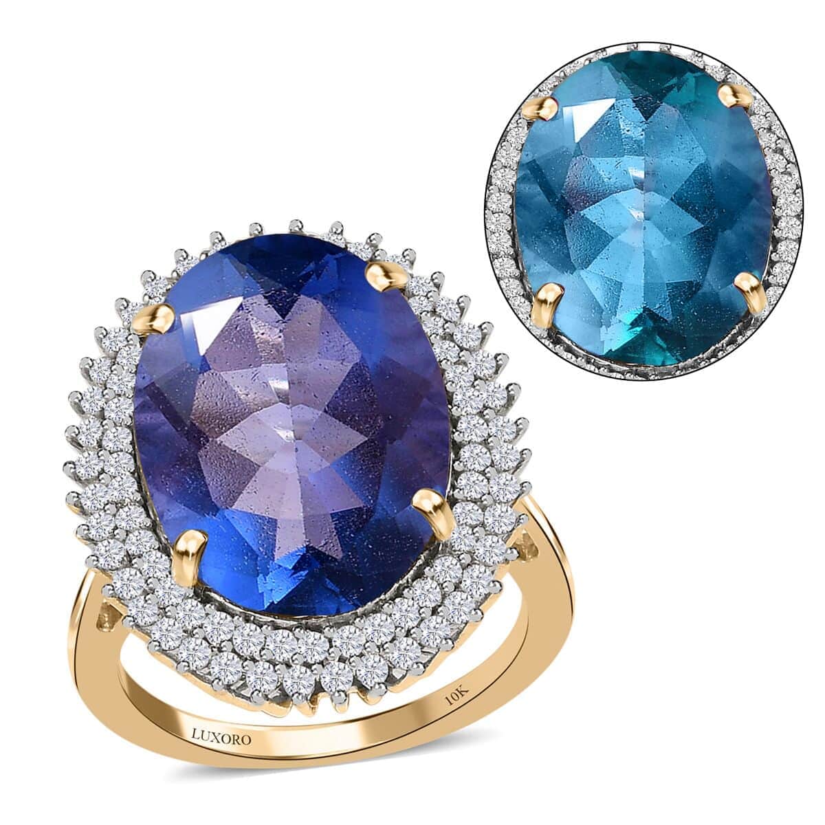 Luxoro 10K Yellow Gold Premium Color Change Fluorite and Moissanite Double Halo Ring (Size 6.0) 14.75 ctw image number 0