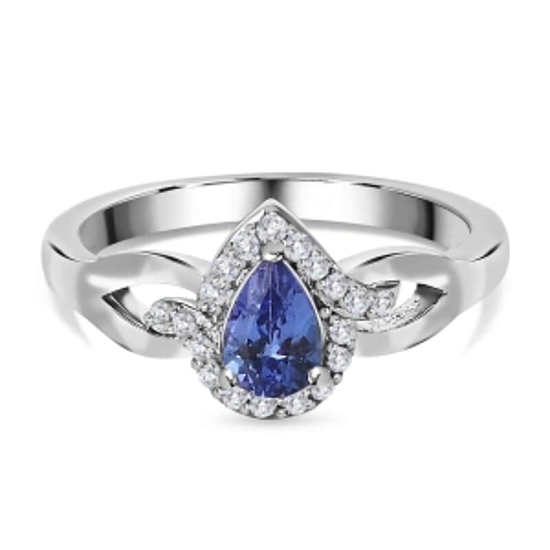Tanzanite and White Zircon 0.57 ctw Ring in Platinum Over Sterling Silver (Size 10)