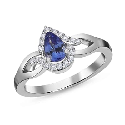 Tanzanite and White Zircon 0.57 ctw Ring in Platinum Over Sterling Silver (Size 10)