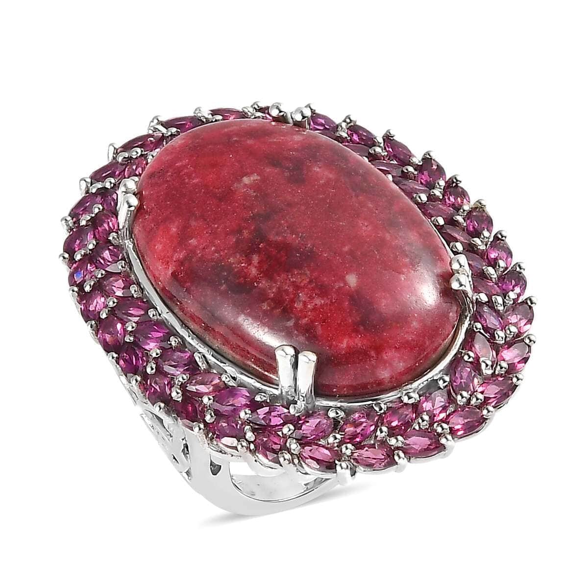 Norwegian Thulite and Orissa Rhodolite Garnet Double Halo Ring in Platinum Over Sterling Silver 44.30 ctw image number 0