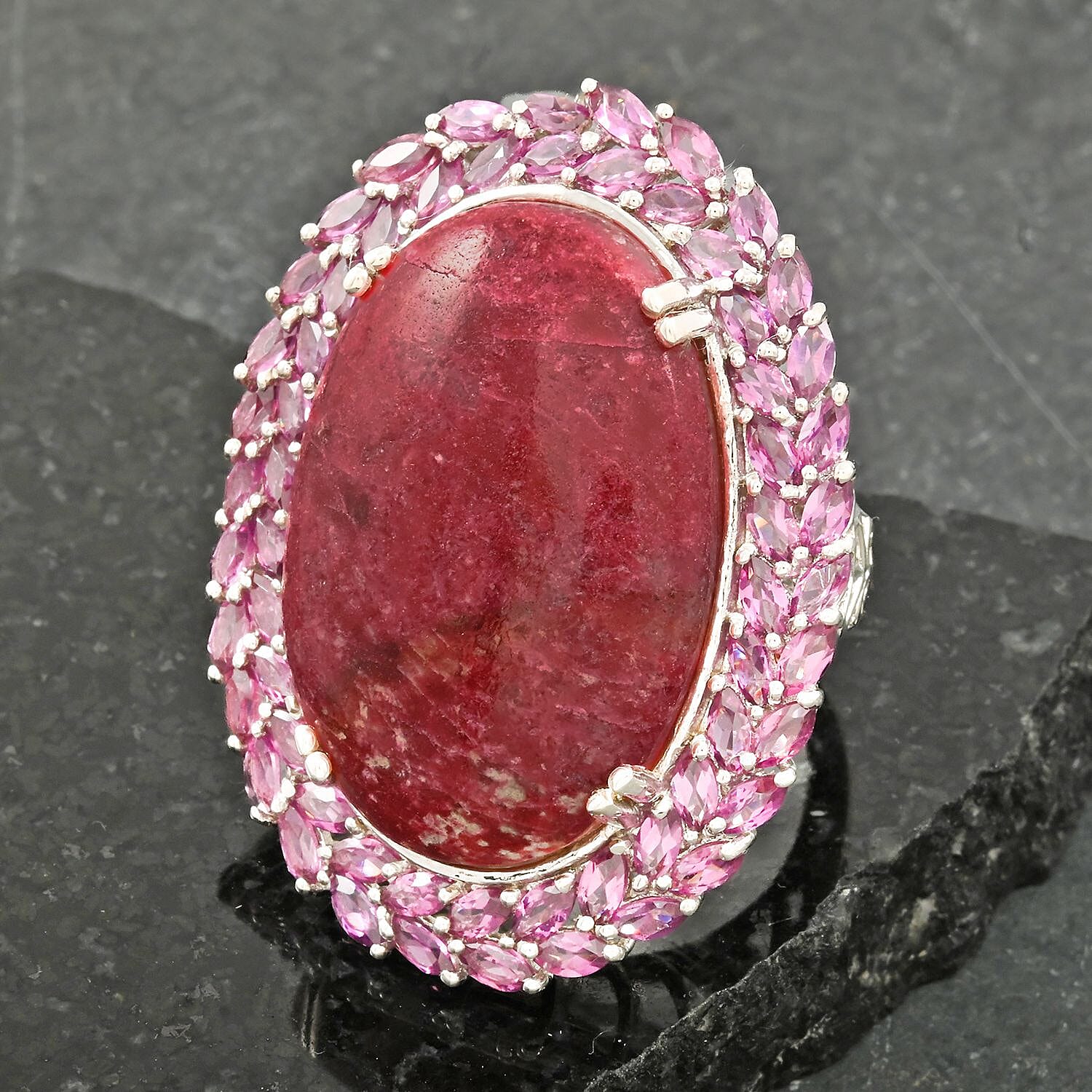 Norwegian Thulite and Orissa Rhodolite Garnet 44.30 ctw Double Halo Ring in Platinum Over Sterling Silver (Size 10.0)
