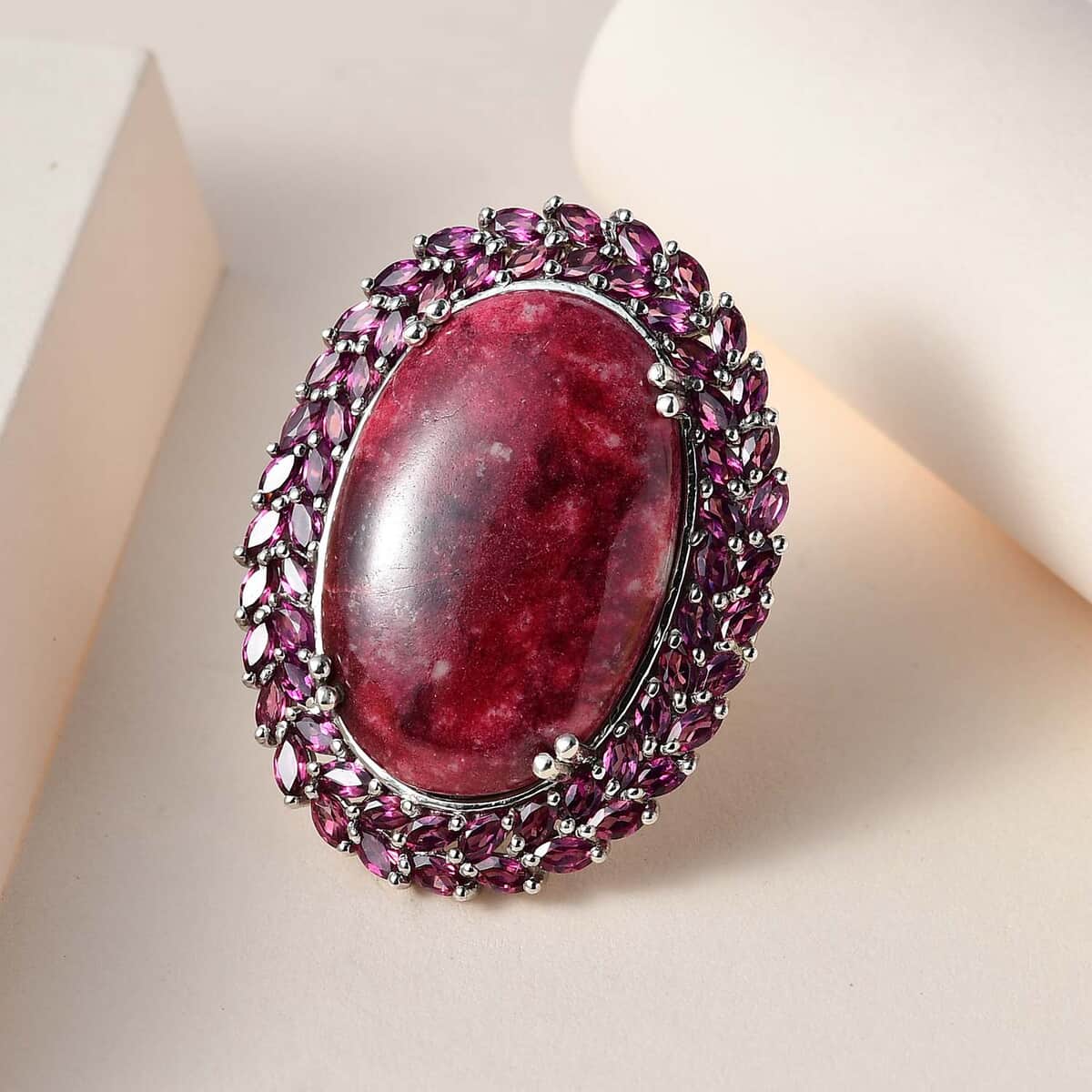 Norwegian Thulite and Orissa Rhodolite Garnet Double Halo Ring in Platinum Over Sterling Silver 44.30 ctw image number 1