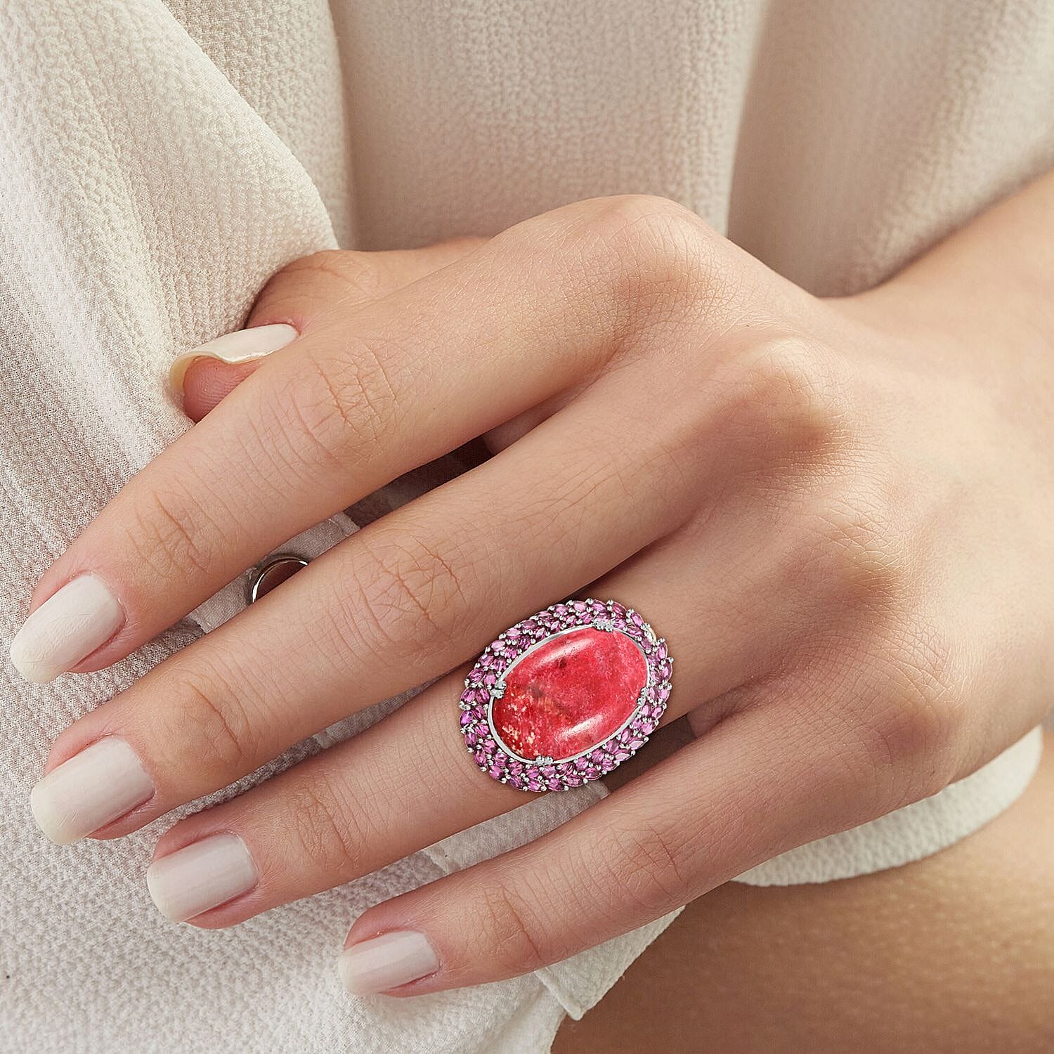 Norwegian Thulite and Orissa Rhodolite Garnet 44.30 ctw Double Halo Ring in Platinum Over Sterling Silver (Size 10.0)