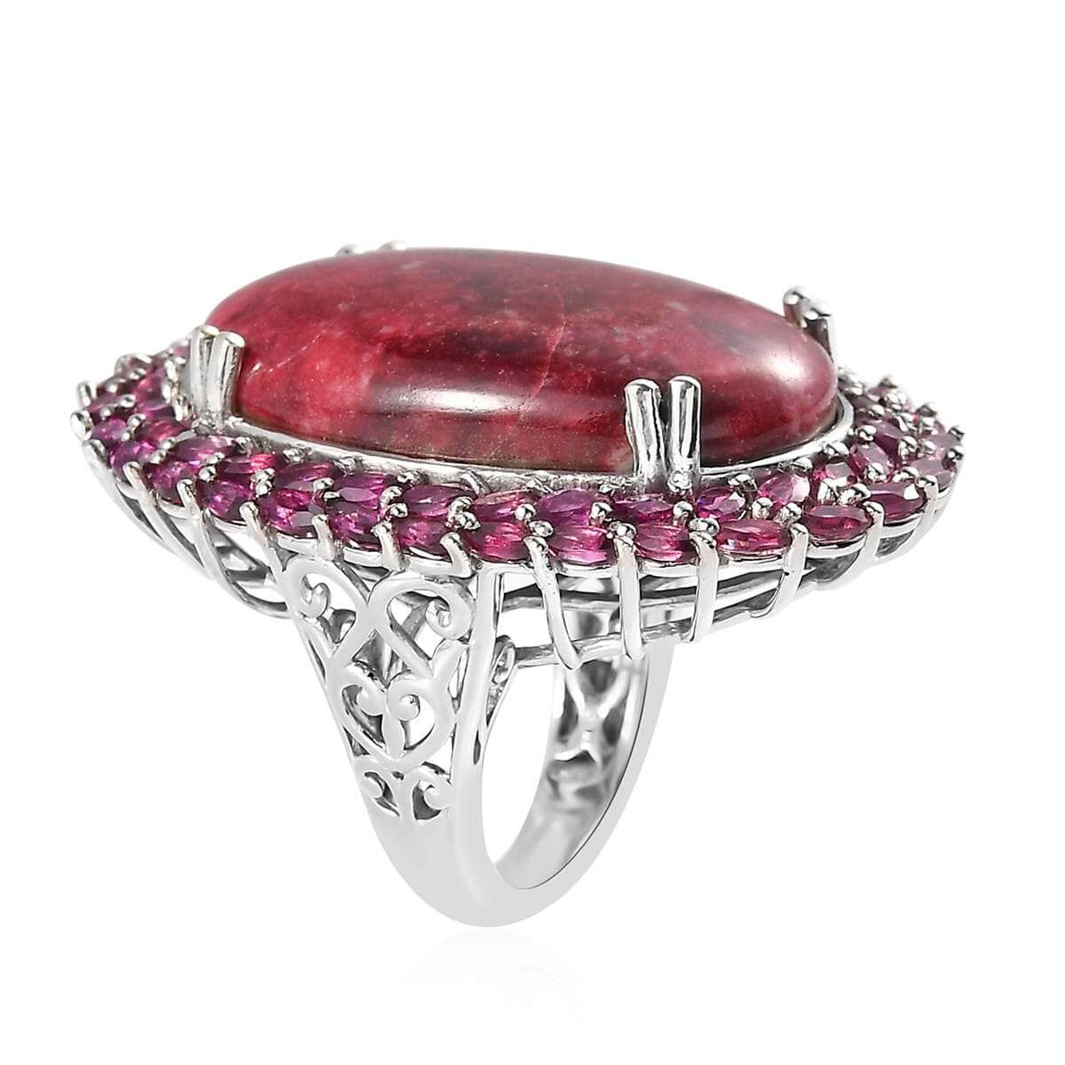Norwegian Thulite and Orissa Rhodolite Garnet Double Halo Ring in Platinum Over Sterling Silver 44.30 ctw image number 2