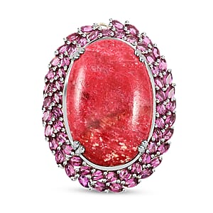 Norwegian Thulite and Orissa Rhodolite Garnet Double Halo Ring in Platinum Over Sterling Silver (Size 8.0) 44.30 ctw