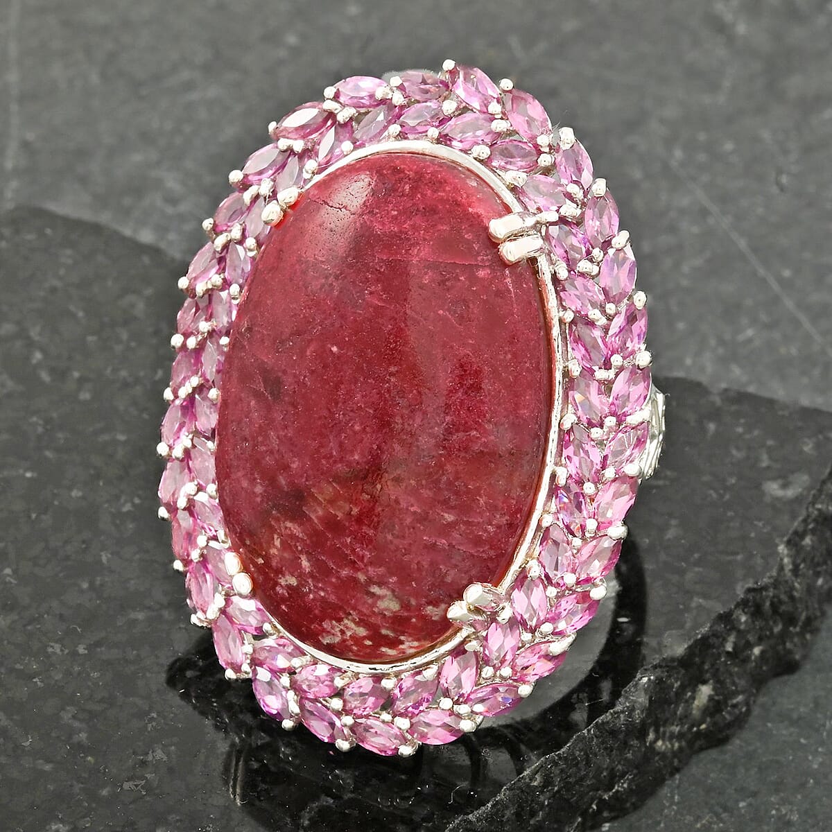 Norwegian Thulite and Orissa Rhodolite Garnet Double Halo Ring in Platinum Over Sterling Silver (Size 9.0) 44.30 ctw image number 1