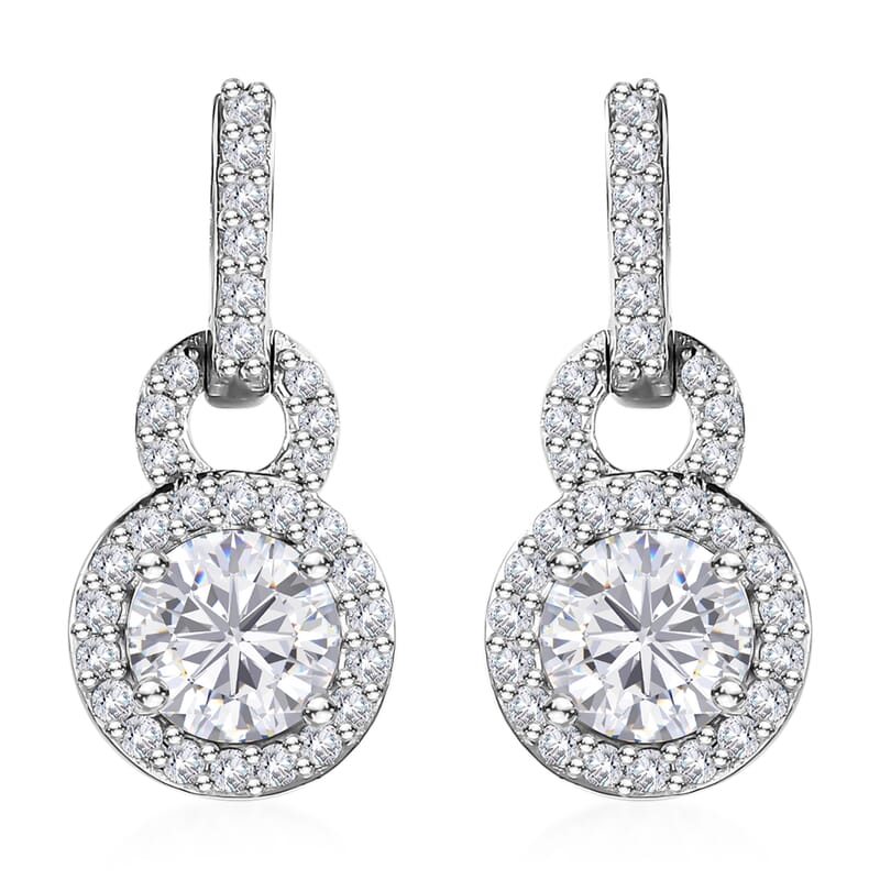 Moissanite Halo Dangling Earrings in Platinum Over Sterling Silver 1.25 ctw