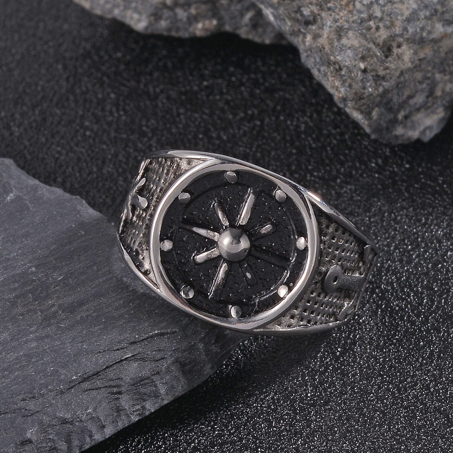 Nautical Compass Men's Ring in Black Oxidised Stainless Steel (Size 9.0)