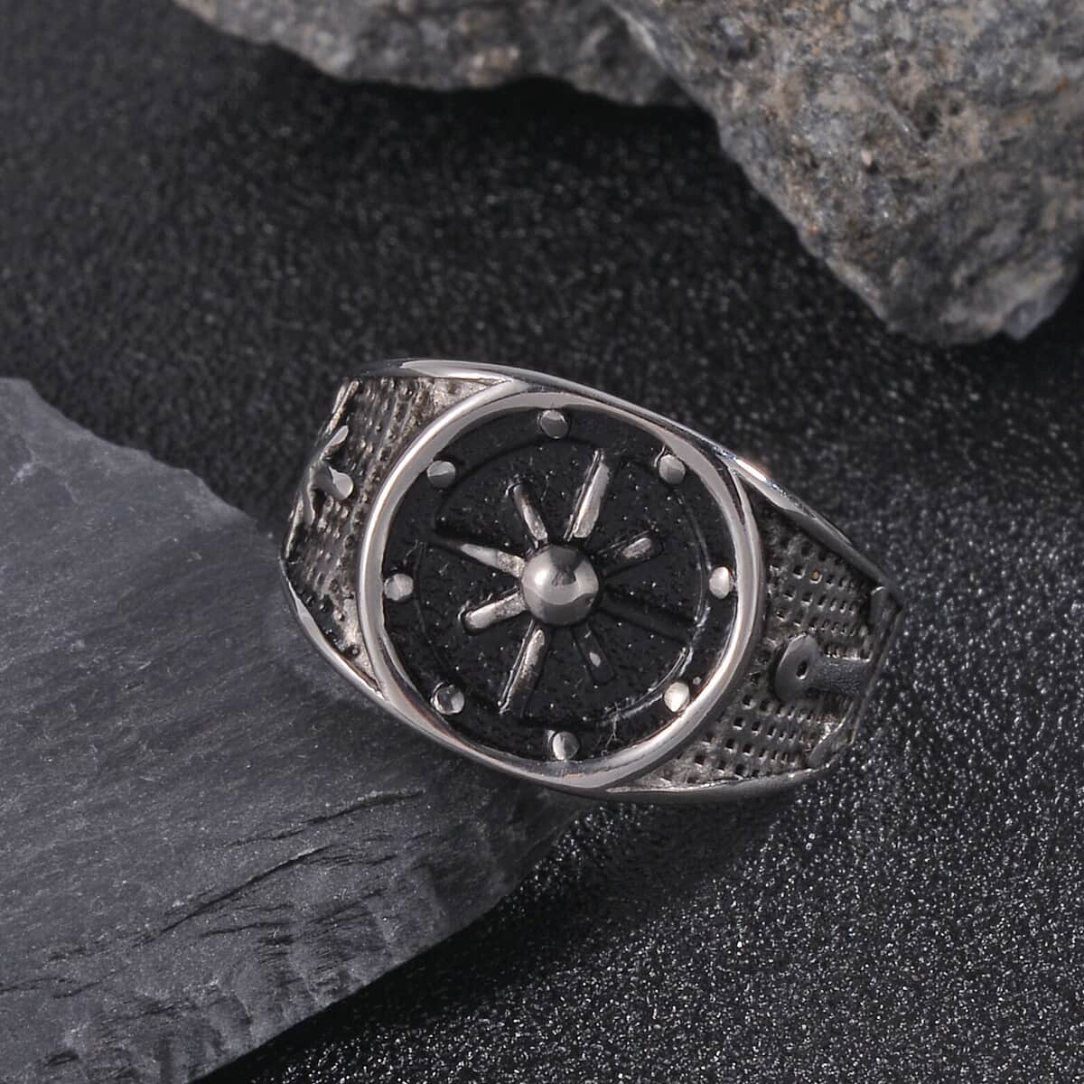 Nautical Compass Men's Ring in Black Oxidised Stainless Steel (Size 9.0) image number 1