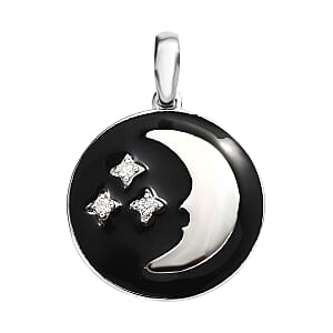 Moissanite and Enameled Celestial Moon and Stars Pendant without Chain in Platinum Over Sterling Silver