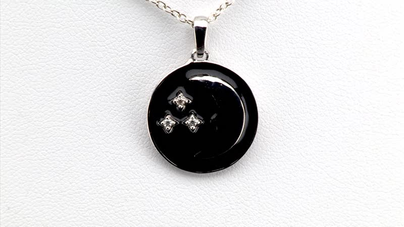 Moissanite and Enameled Celestial Moon and Stars Pendant without Chain in Platinum Over Sterling Silver