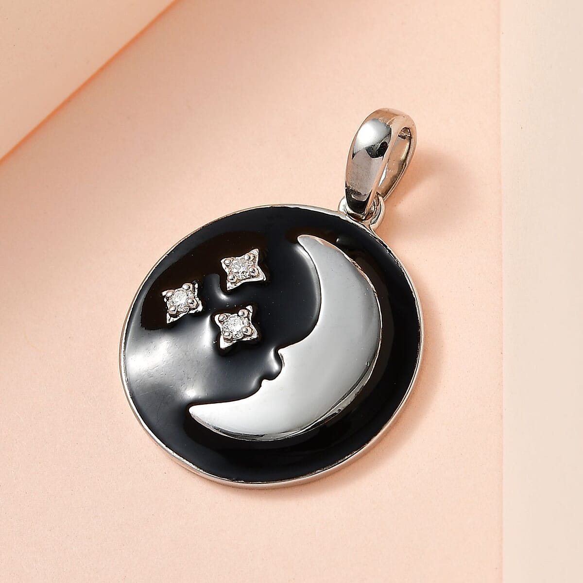 Moissanite and Enameled Celestial Moon and Stars Pendant without Chain in Platinum Over Sterling Silver image number 1