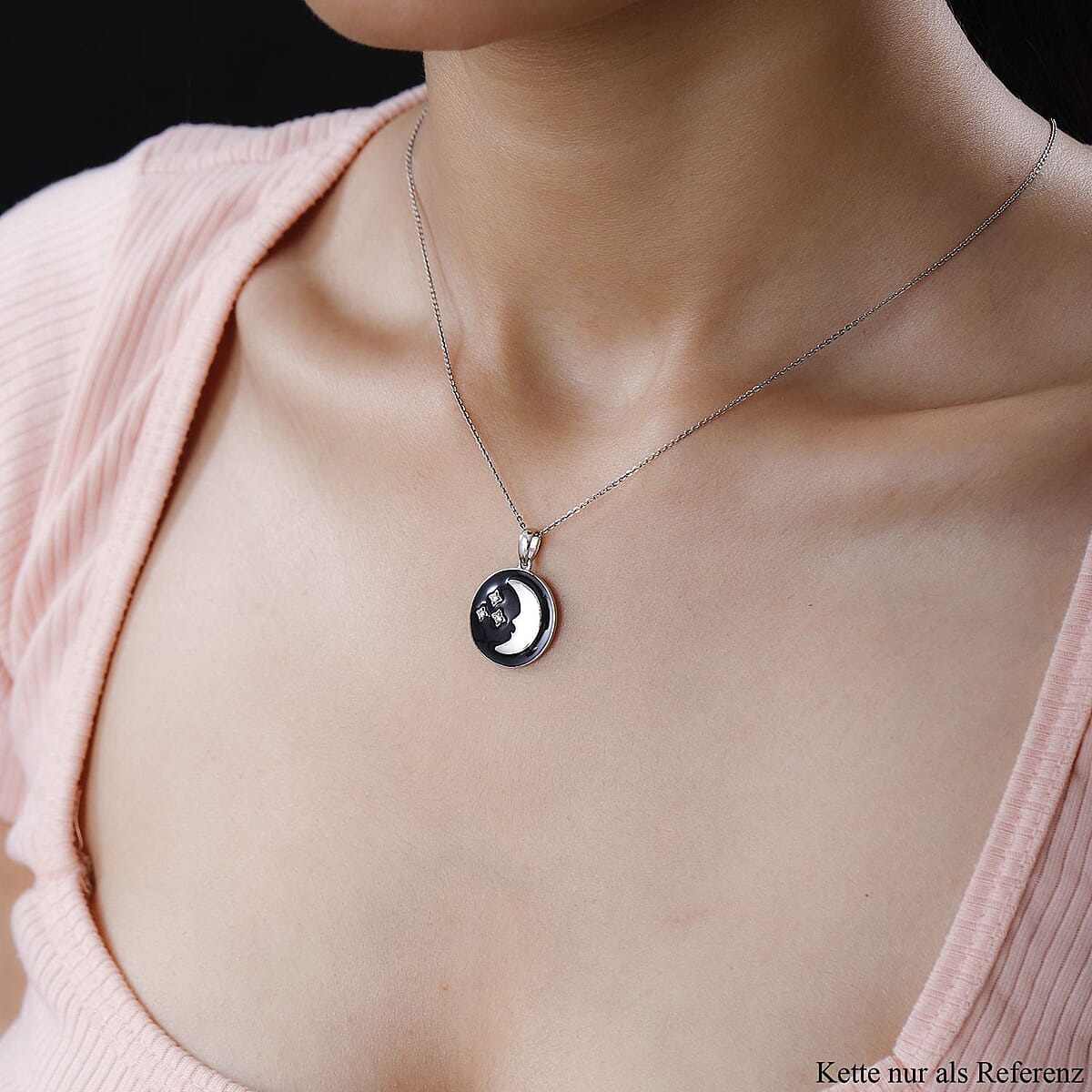 Moissanite and Enameled Celestial Moon and Stars Pendant without Chain in Platinum Over Sterling Silver image number 2