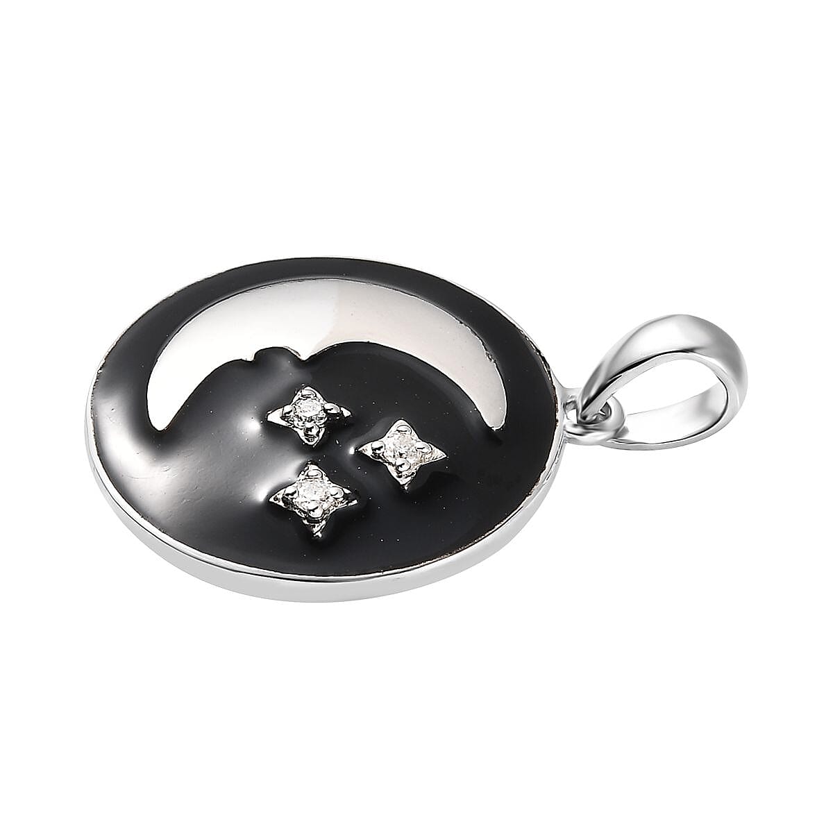 Moissanite and Enameled Celestial Moon and Stars Pendant without Chain in Platinum Over Sterling Silver image number 3