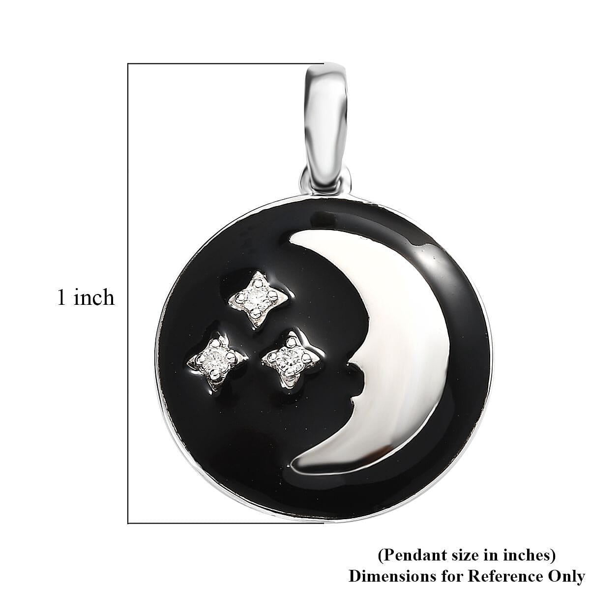 Moissanite and Enameled Celestial Moon and Stars Pendant without Chain in Platinum Over Sterling Silver