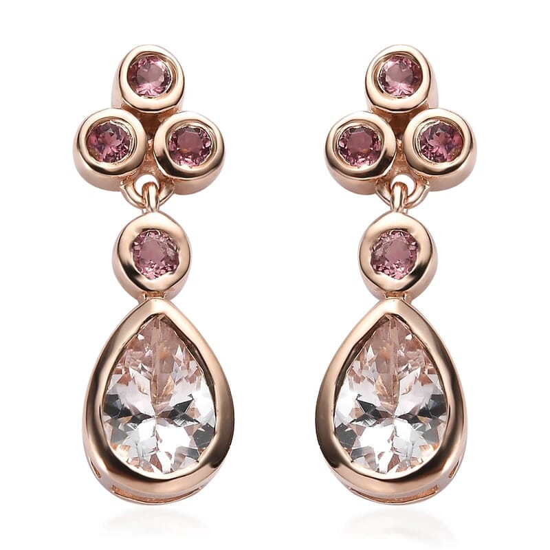 Pink Morganite and Morro Redondo Pink Tourmaline Dangle Earrings in Vermeil Rose Gold Over Sterling Silver 1.65 ctw