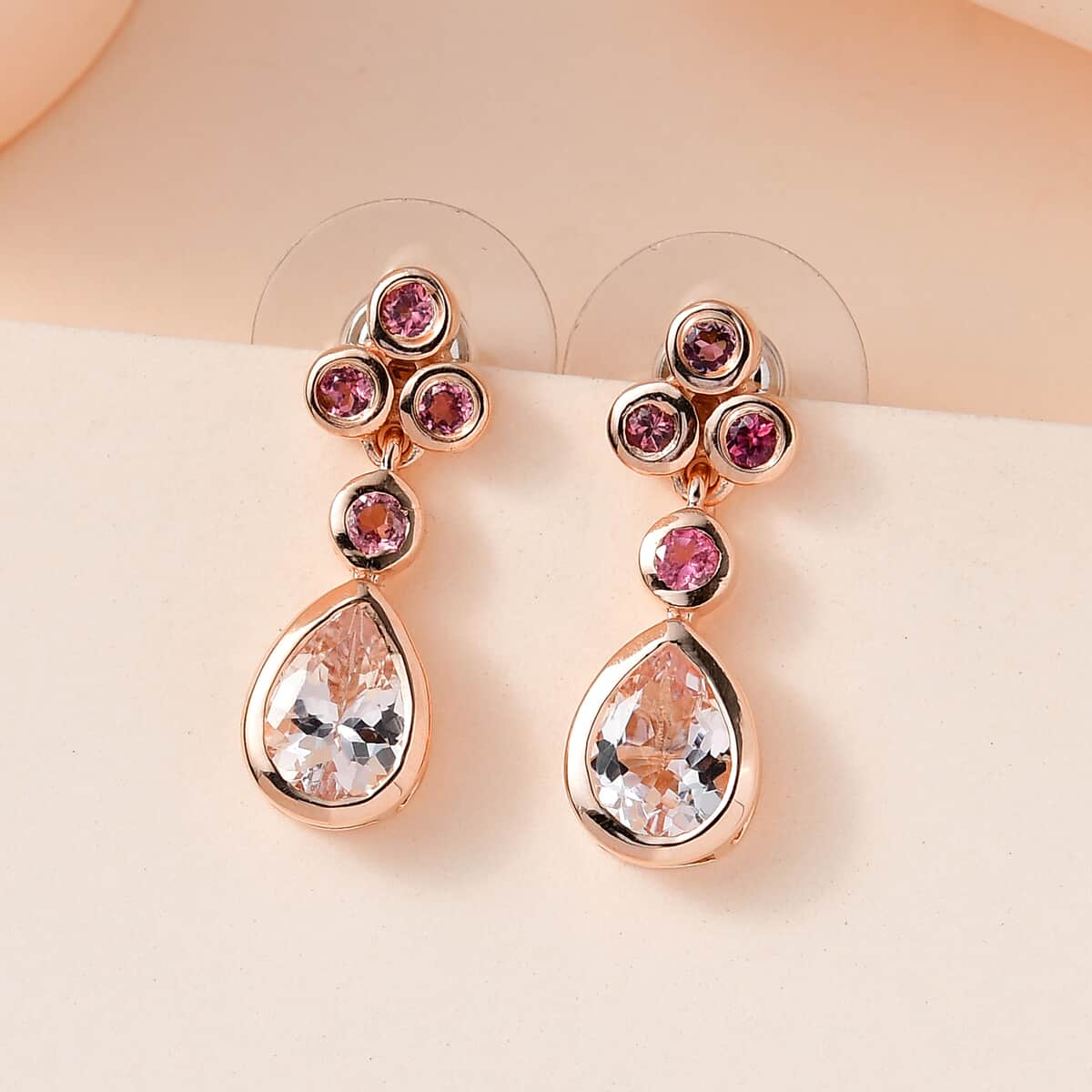 Pink Morganite and Morro Redondo Pink Tourmaline Dangle Earrings in Vermeil Rose Gold Over Sterling Silver 1.65 ctw image number 1