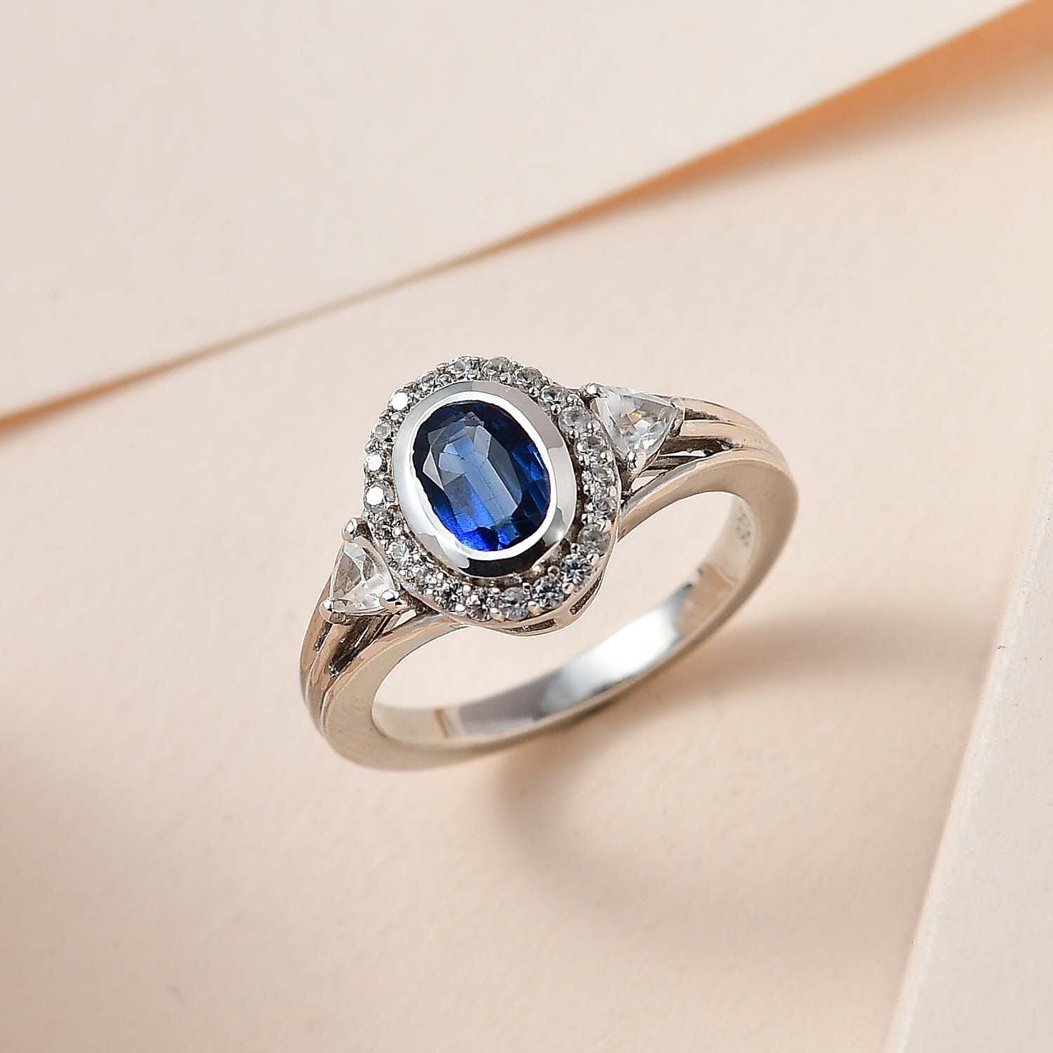 Kashmir Kyanite and White Zircon 2.10 ctw Ring in Platinum Over Sterling Silver (Size 10.0)