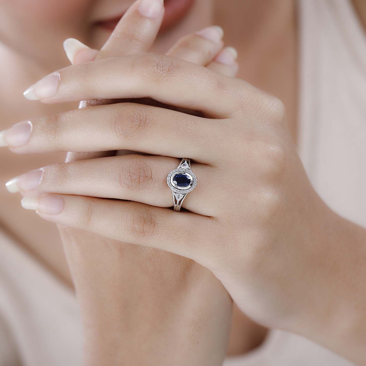Kashmir Kyanite and White Zircon 2.10 ctw Ring in Platinum Over Sterling Silver (Size 10.0)