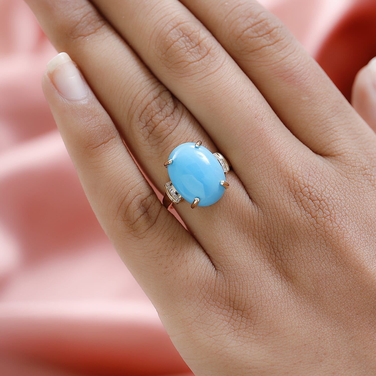 Luxoro 10K Yellow Gold Premium Sleeping Beauty Turquoise and Diamond Ring (Size 5.0) 7.20 ctw