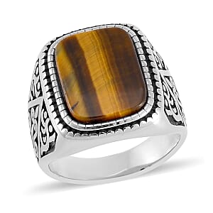 Yellow Tigers Eye Men's Ring in Stainless Steel (Size 10.0) 2.00 ctw