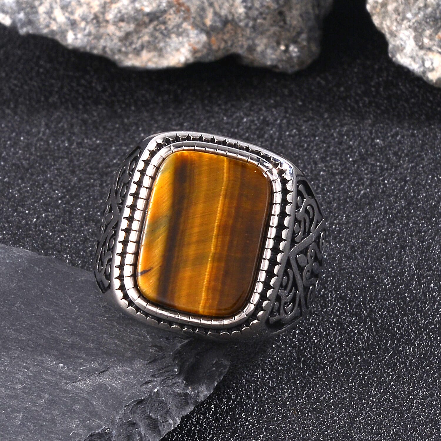 Yellow Tigers Eye Men's Ring in Stainless Steel (Size 10.0) 2.00 ctw