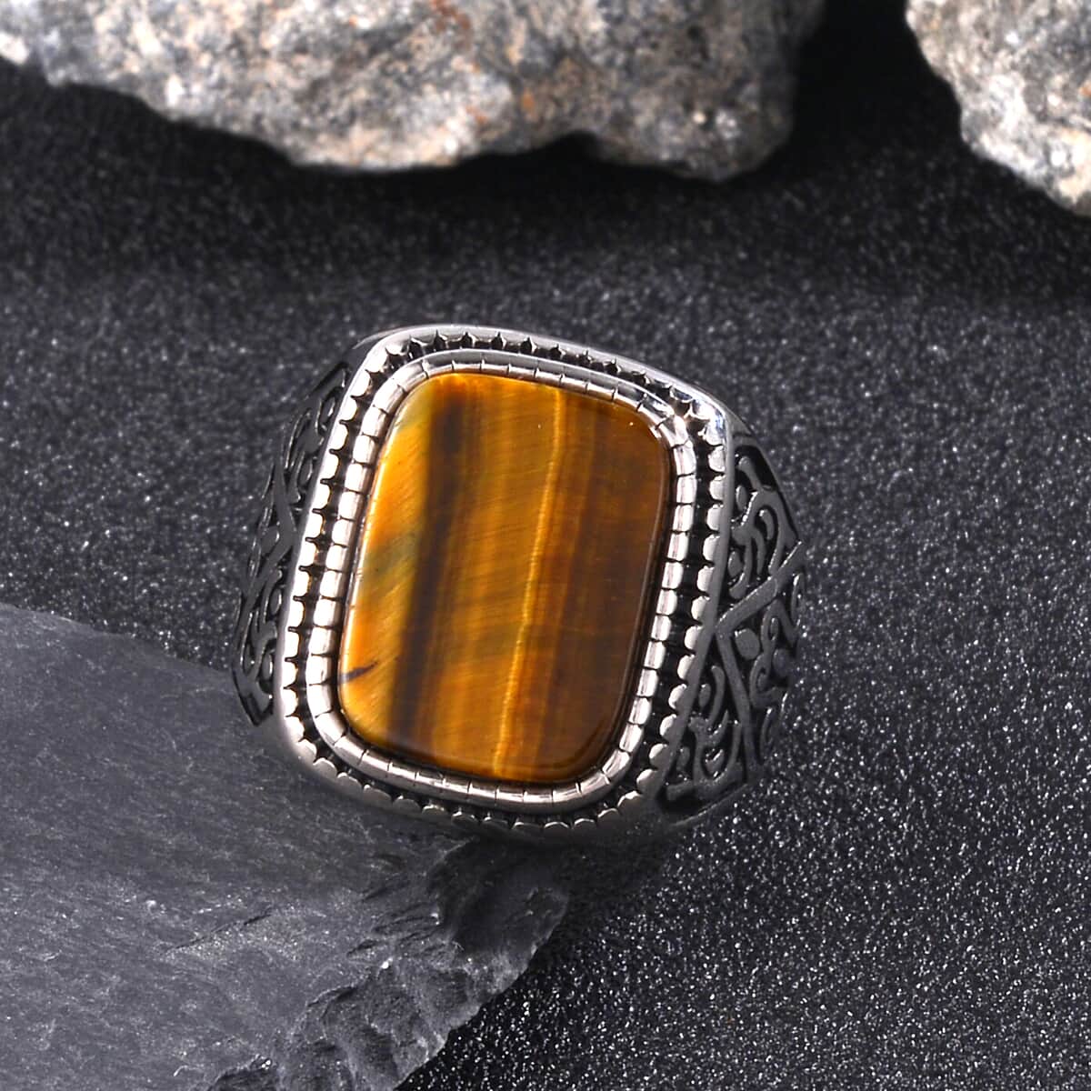 Yellow Tigers Eye Men's Ring in Stainless Steel (Size 10.0) 2.00 ctw image number 1